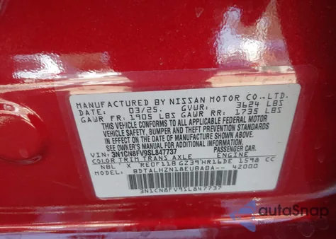 2025 Nissan Versa 1.6 Sr from USA, damaged, VIN 3N1CN8FV9SL847737